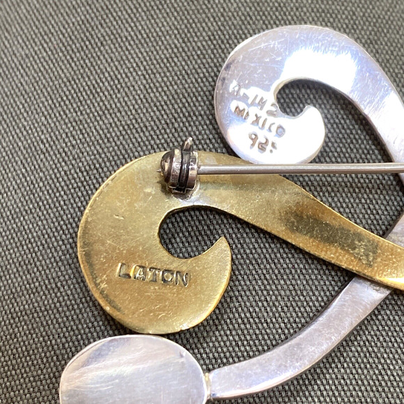 Sterling Silver 925 Black Onyx Inlay Modernist Brooch Signed Laton Mexico A-142 - Picture 2 of 6